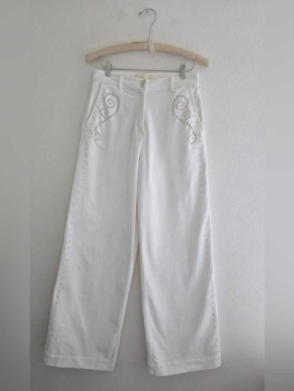 Carolina K Olivia Pants Wide Leg Cutout Eyelet Embroidery In White Corduroy Sz M